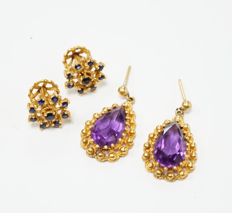Two pairs of yellow metal and gem set earrings including amethyst pear cut, 21mm